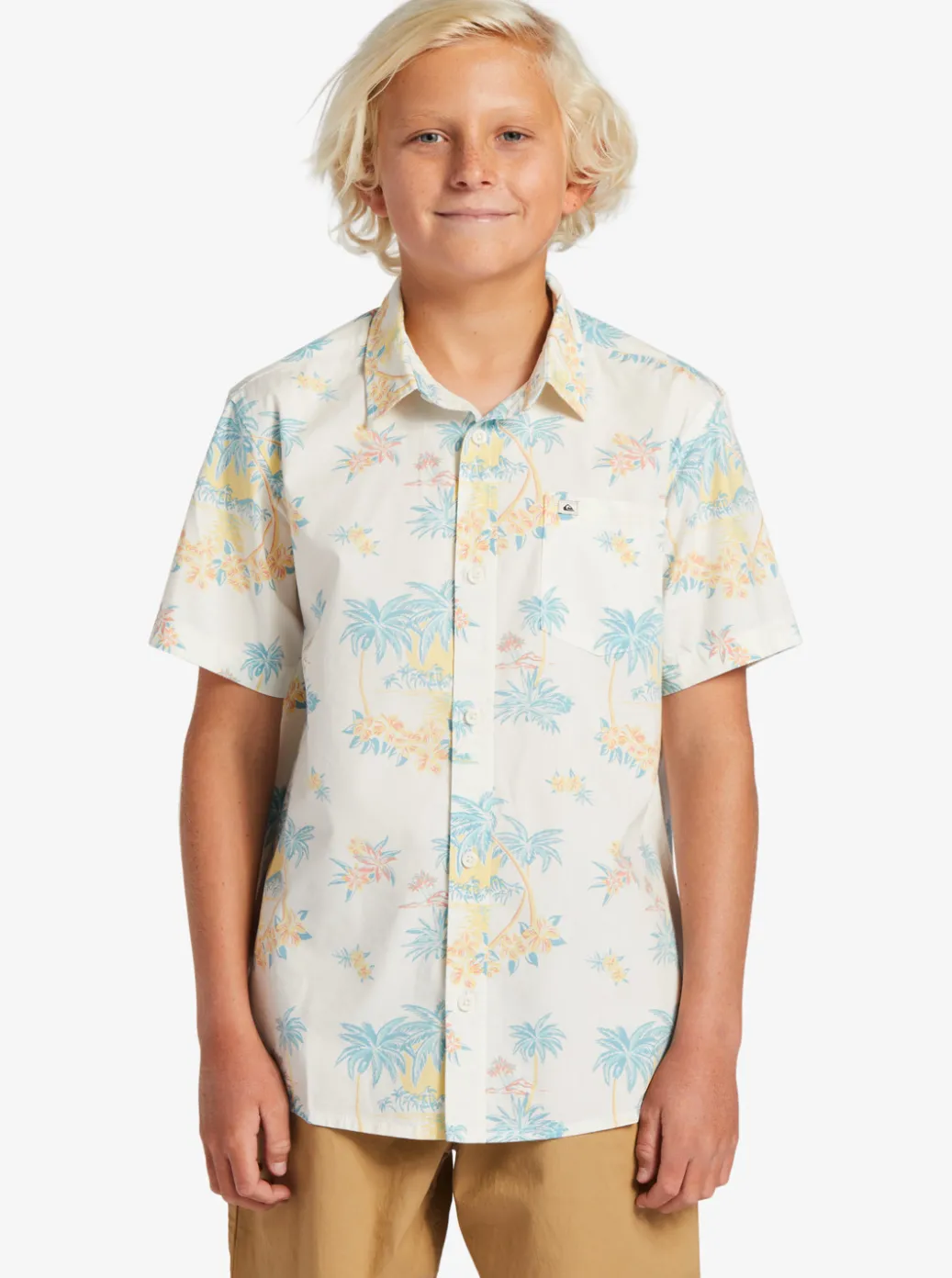 Clearance Quiksilver Boy'S 8-16 Palm Spritz Short Sleeve Woven Shirt Snow White Palm Spritz