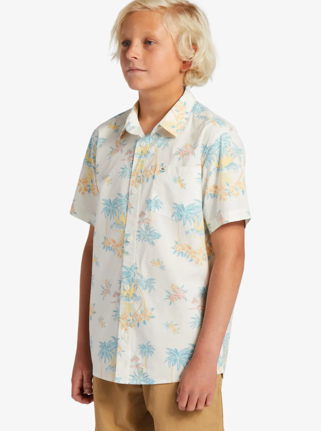 Clearance Quiksilver Boy'S 8-16 Palm Spritz Short Sleeve Woven Shirt Snow White Palm Spritz