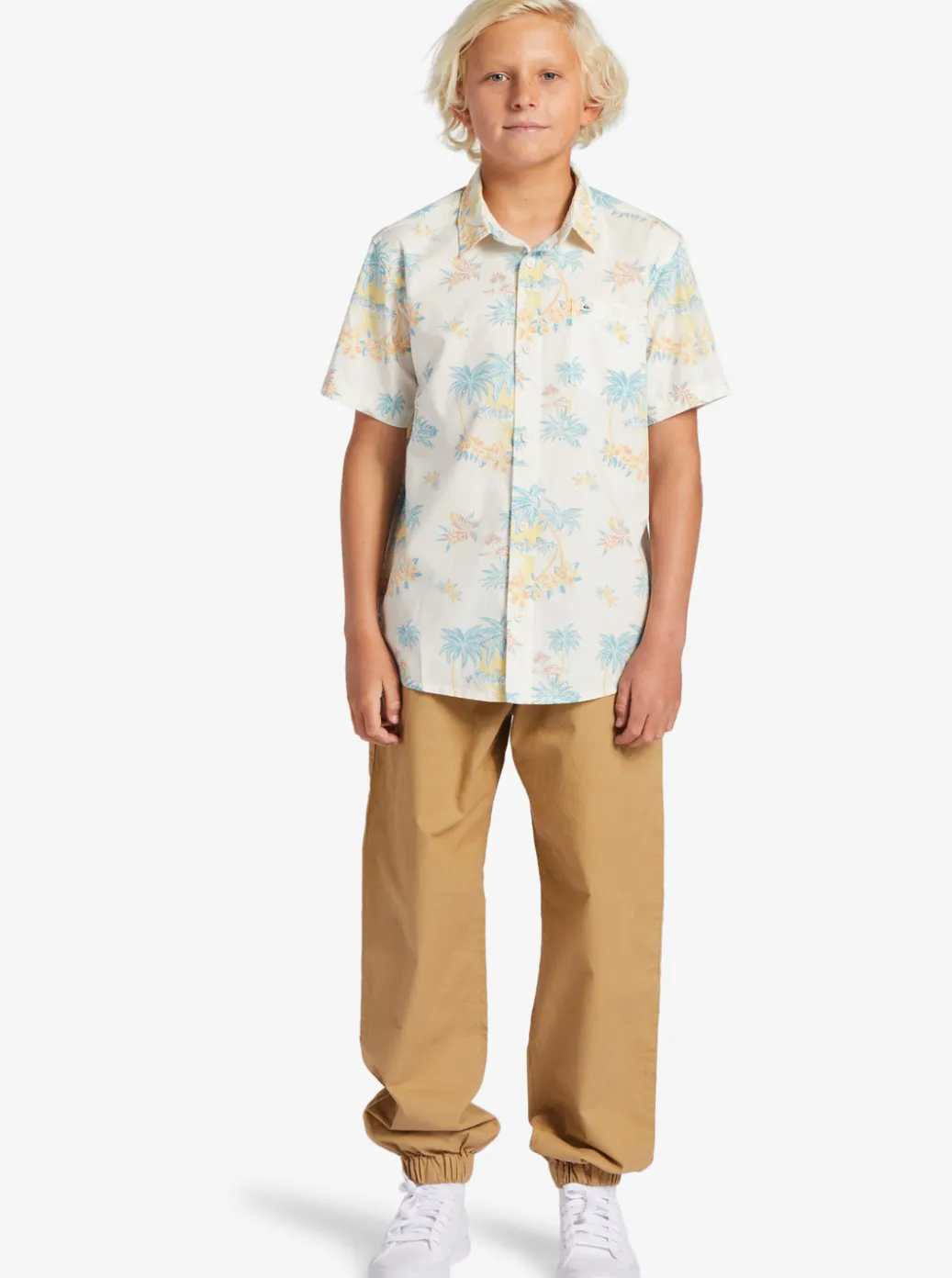 Clearance Quiksilver Boy'S 8-16 Palm Spritz Short Sleeve Woven Shirt Snow White Palm Spritz