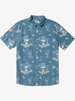 Store Quiksilver Palm Spritz Short Sleeve Woven Shirt Agean Blue Palm Spritz