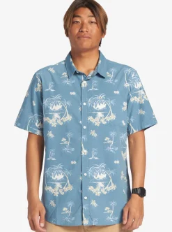 Store Quiksilver Palm Spritz Short Sleeve Woven Shirt Agean Blue Palm Spritz