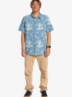 Store Quiksilver Palm Spritz Short Sleeve Woven Shirt Agean Blue Palm Spritz